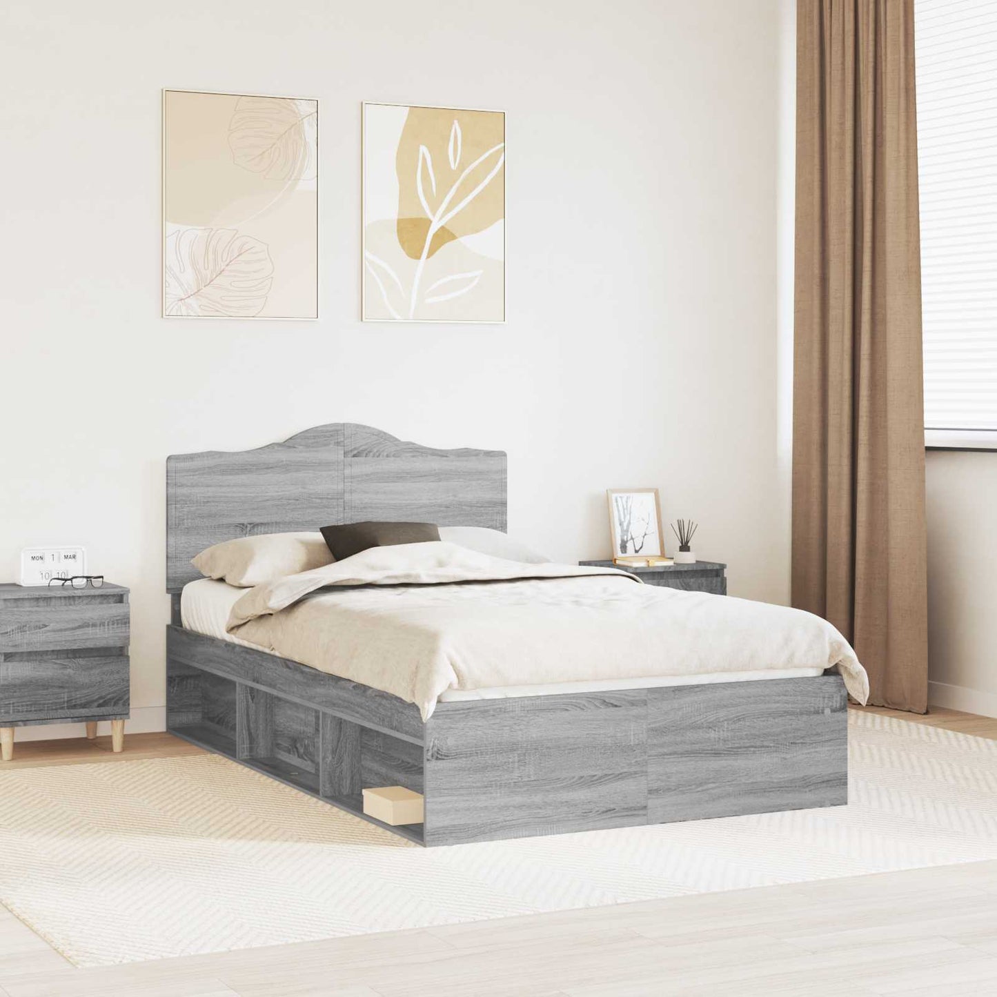 vidaXL Bed Frame Grey Sonoma 135 x 190 cm Solid Pine Wood 1