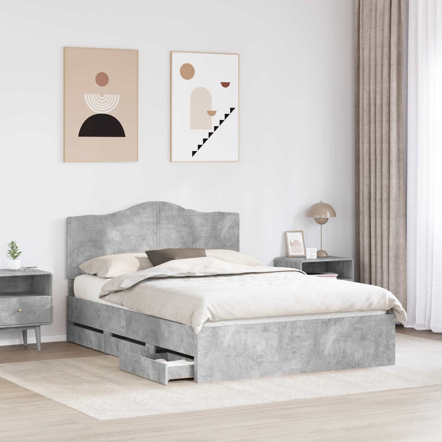 vidaXL Bed Frame with Drawer Concrete Grey 150 x 200 cm Engineer Wood 3