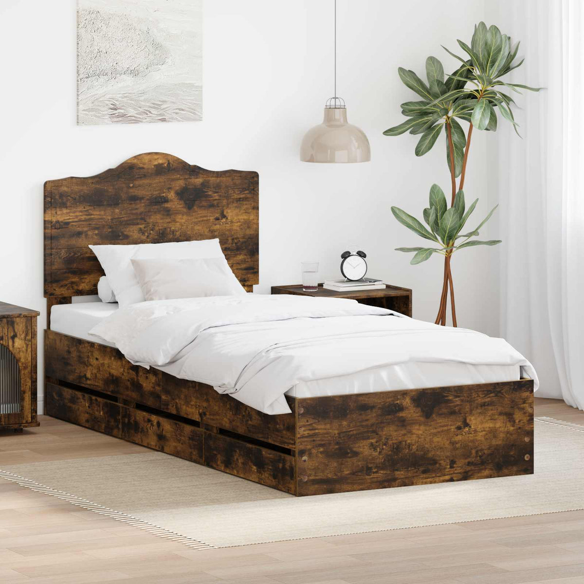 Bed Frame with Drawer Engineer Wood Length 200 cm Smoked Oak 90 cm
