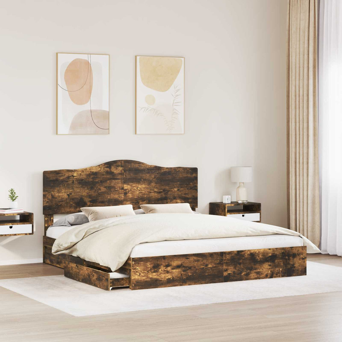 vidaXL Storage Bed with Drawer Smoked Oak 180 x 200 cm Engineered Wood 3