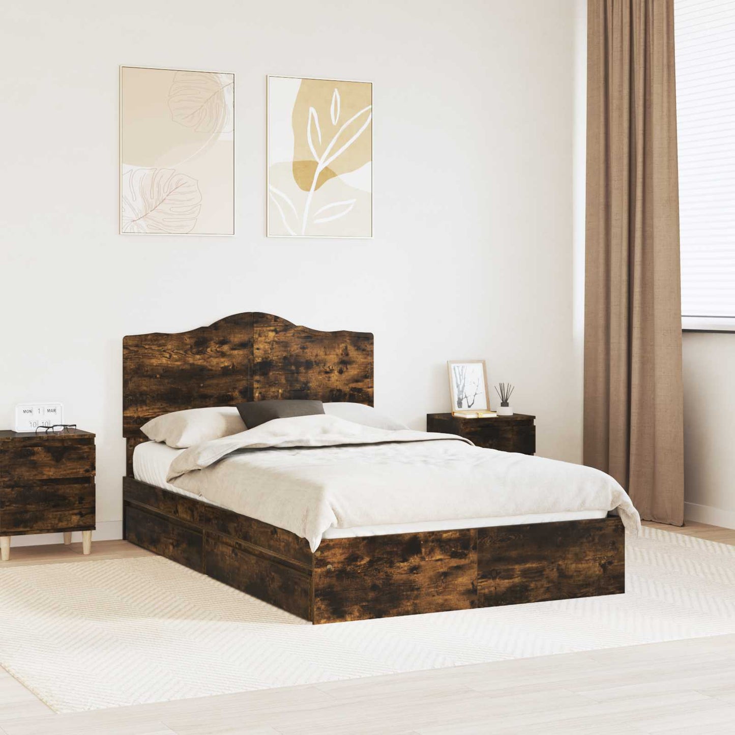 vidaXL Storage Bed with Drawer Smoked Oak 135 x 190 cm Engineered Wood 1
