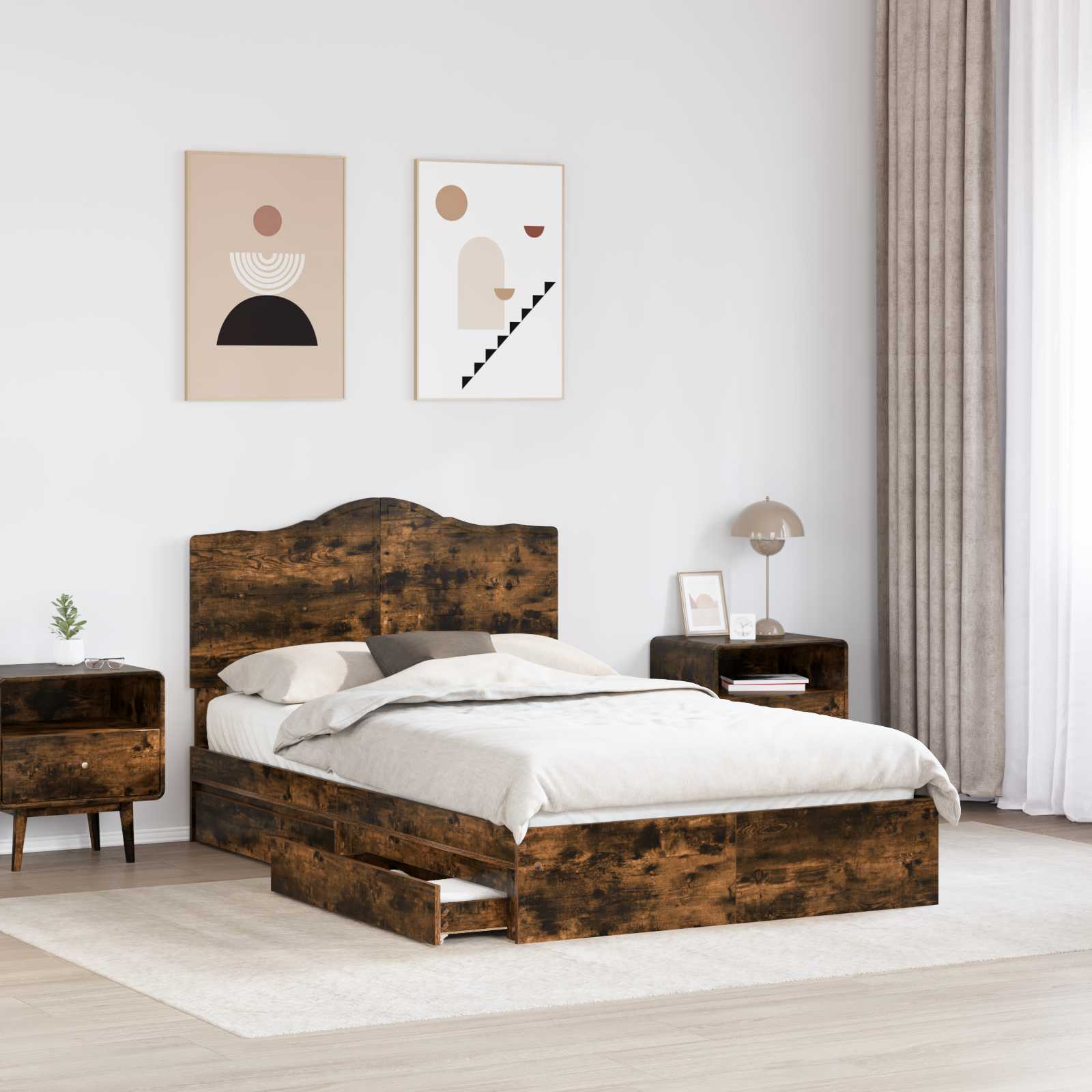 vidaXL Storage Bed with Drawer Smoked Oak 135 x 190 cm Engineered Wood 3