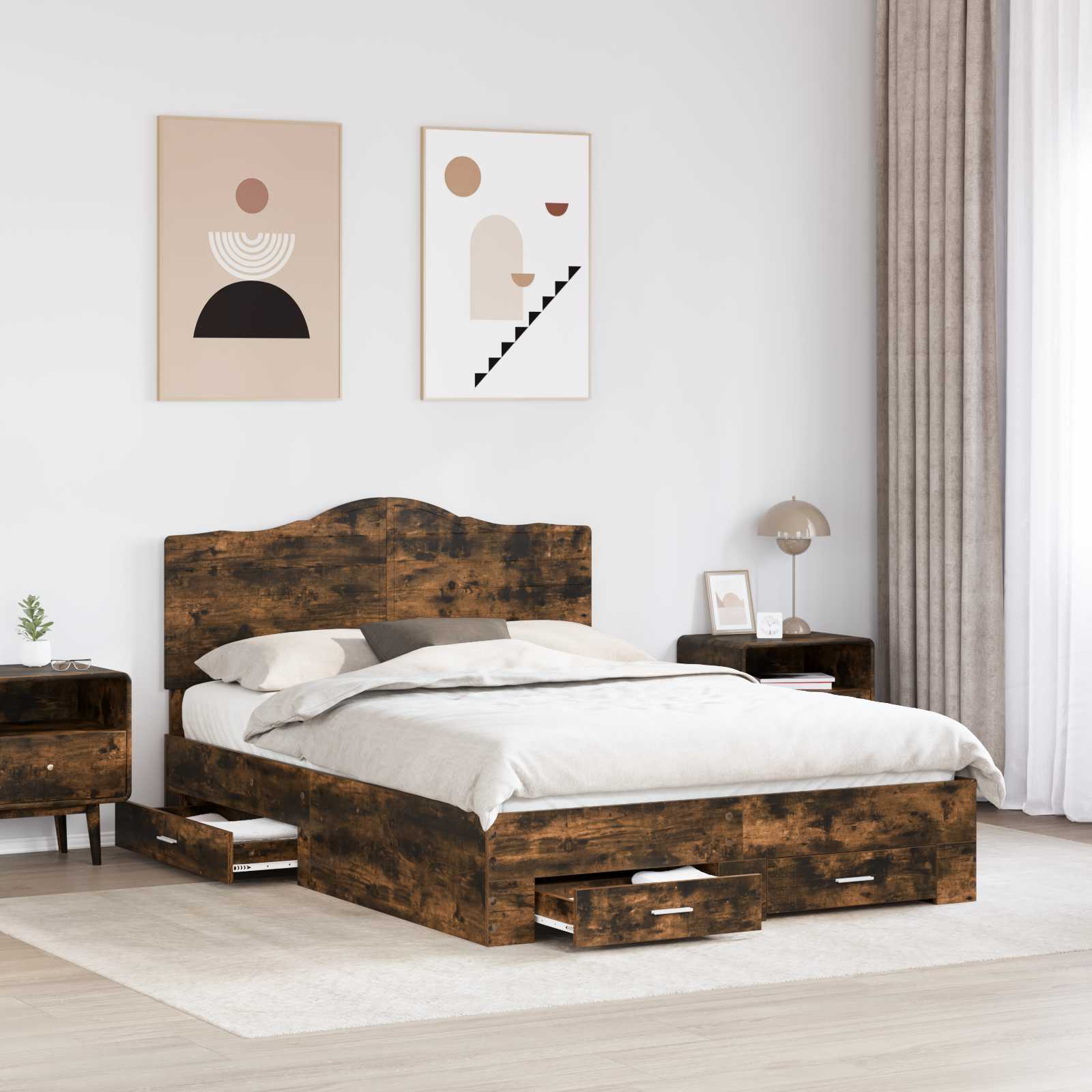 vidaXL Bed Frame with Drawer Smoked Oak 150 x 200 cm Engineered Wood 3