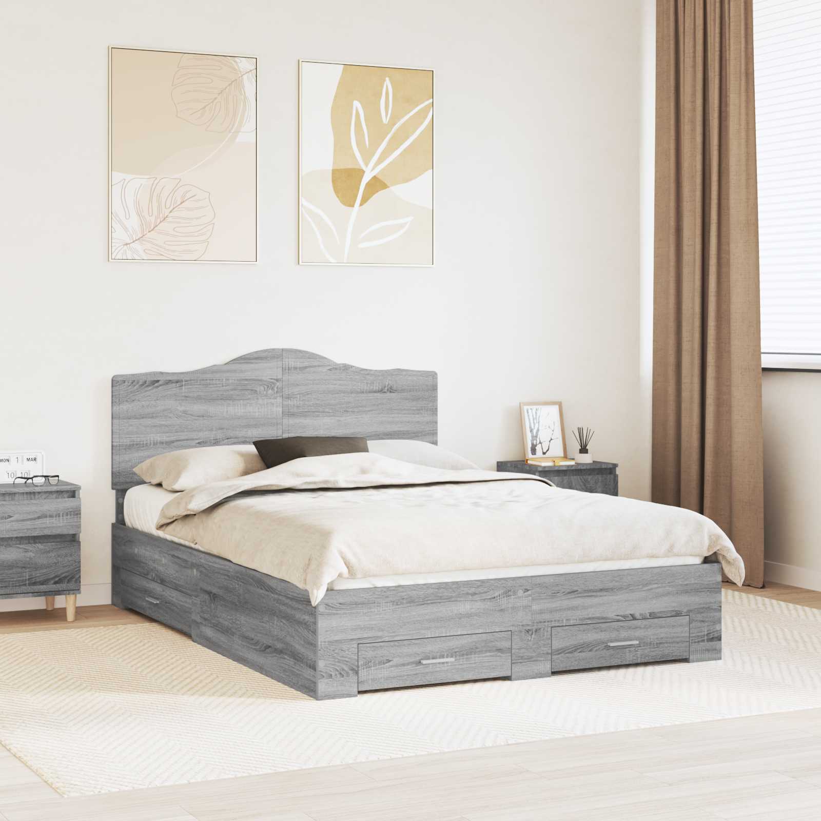 vidaXL Bed Frame with Drawer Grey Sonoma 150 x 200 cm Engineered Wood 1