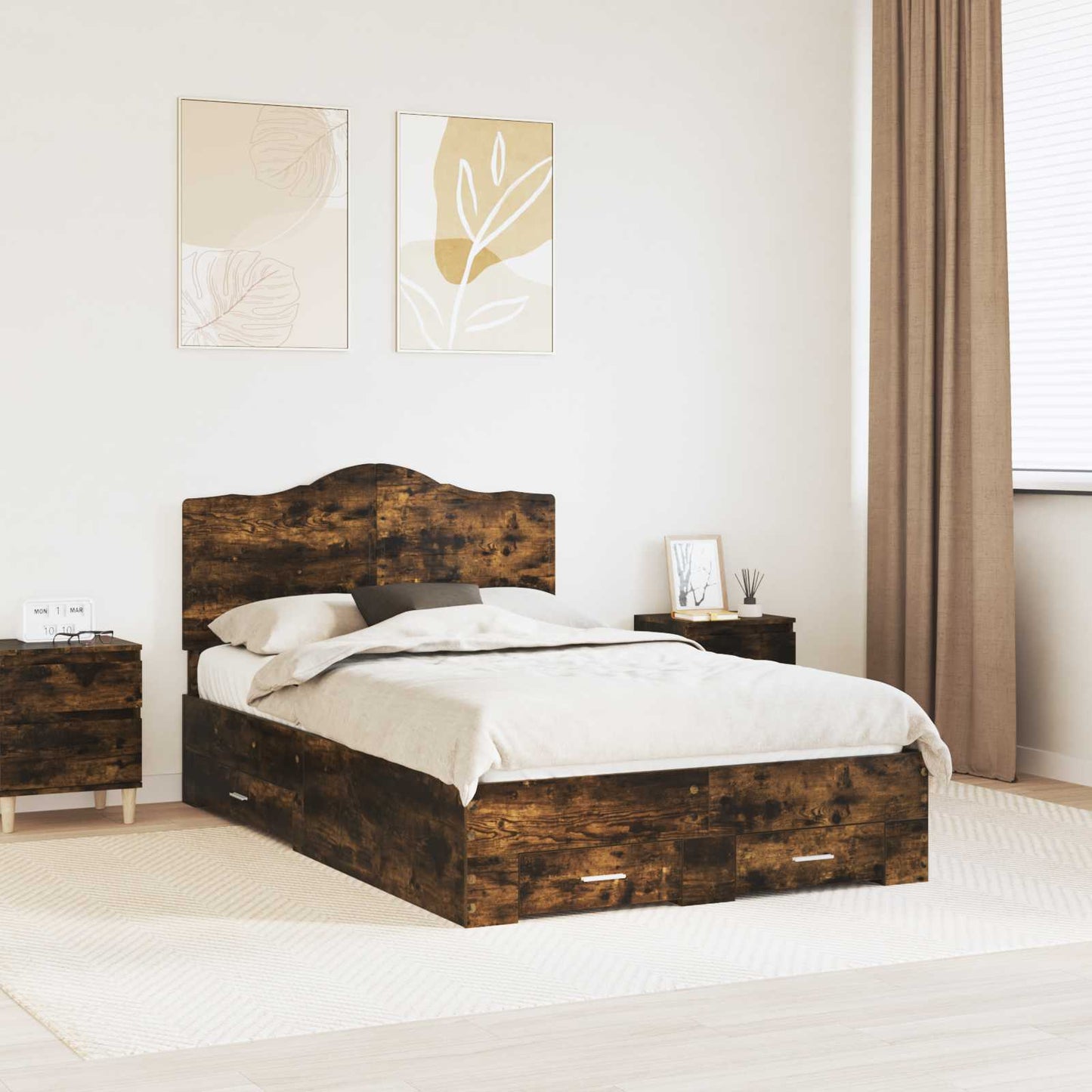 vidaXL Bed Frame with Drawer Smoked Oak 135 x 190 cm Engineered Wood 1
