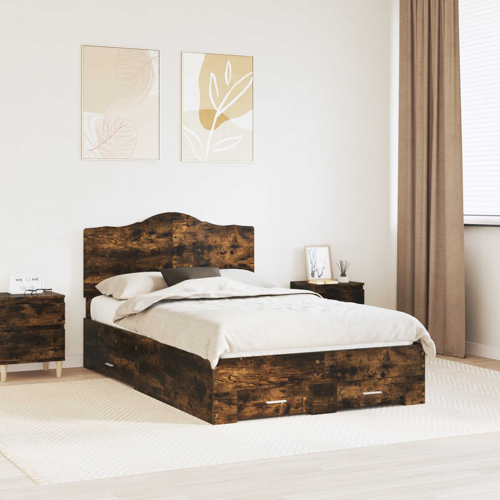 vidaXL Bed Frame with Drawer Smoked Oak 120 x 190 cm Engineered Wood 1