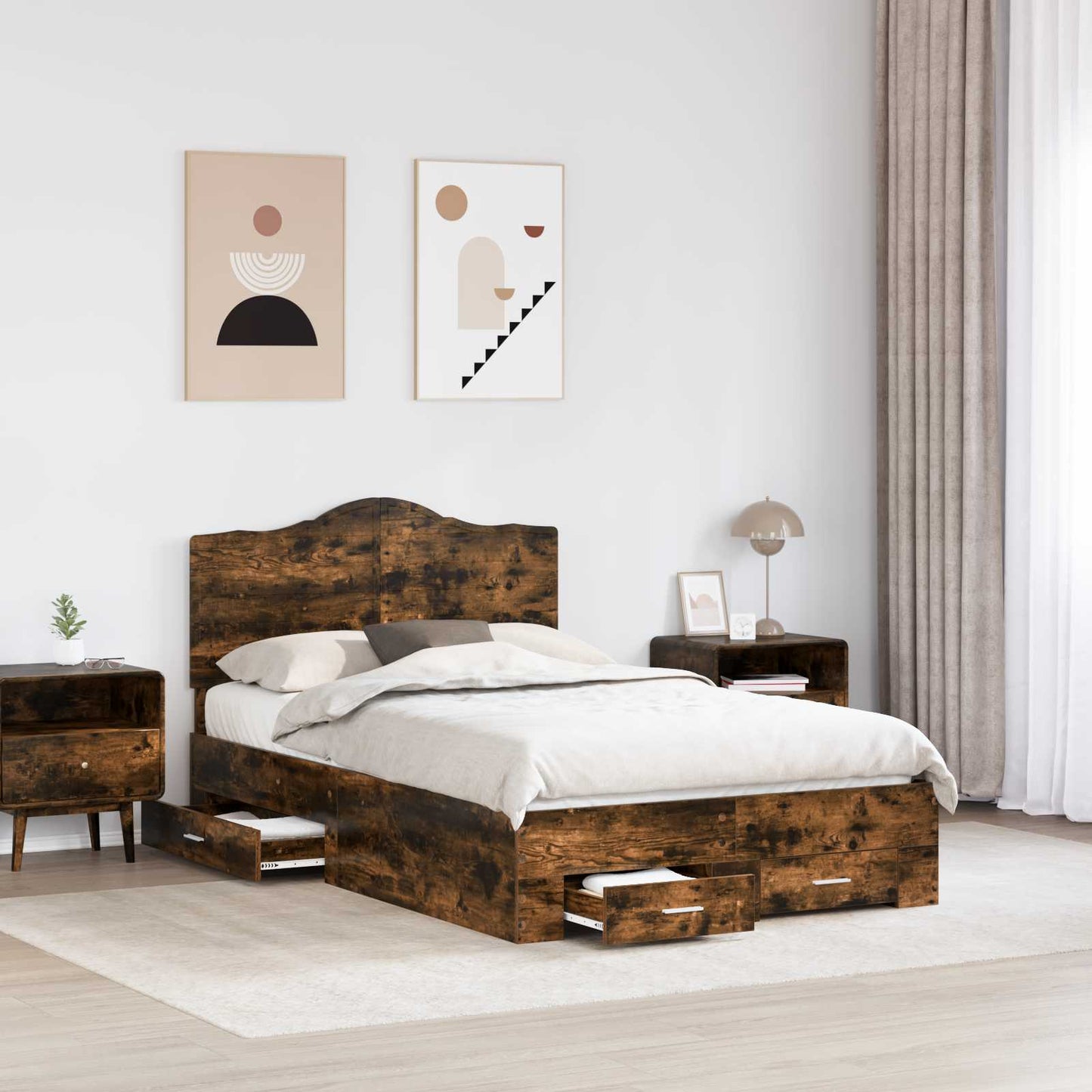 vidaXL Bed Frame with Drawer Smoked Oak 120 x 190 cm Engineered Wood 3