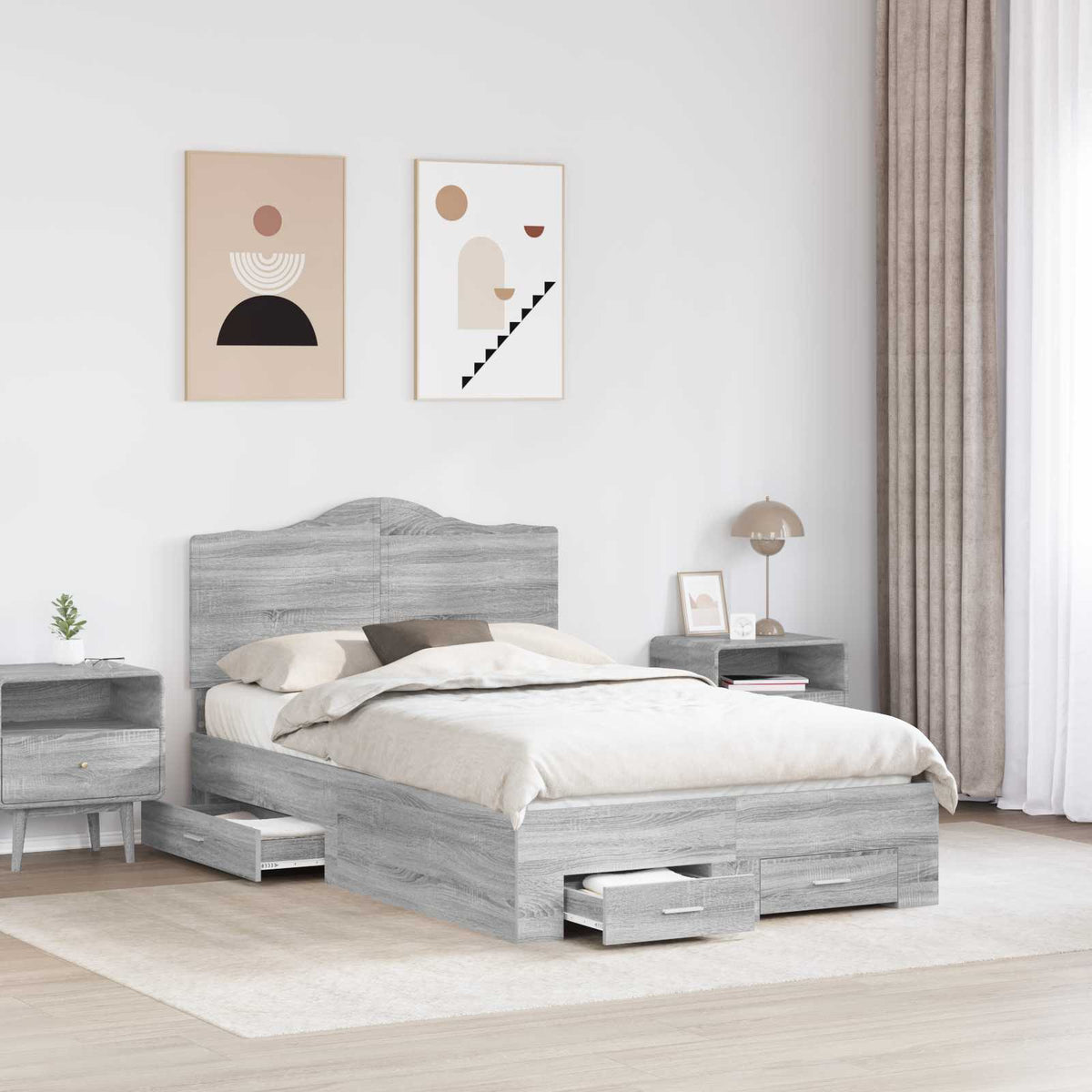 Bed Frame with Drawer 120 x 190 cm Engineered Wood Length 190 cm Width 120 cm Grey sonoma