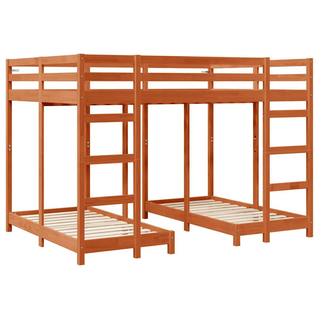 vidaXL Triple Bunk Bed Frame Wax brown 140 x 200 cm Solid Pine Wood 3