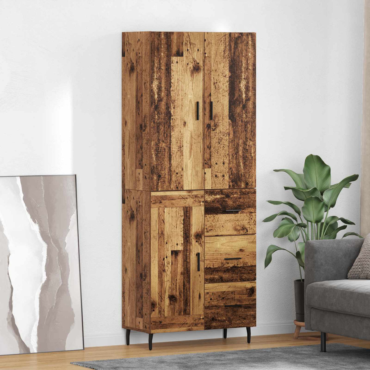 Highboard 69.5x34x180 cm Engineered Wood 1 Wood Door 3 Drawers Old wood