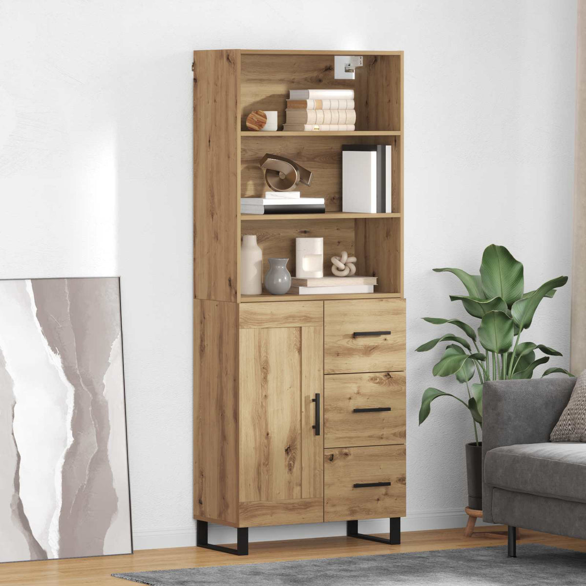 Highboard 69.5x34x180 cm Engineered Wood 1 Wood Door 3 Drawers Artisan oak