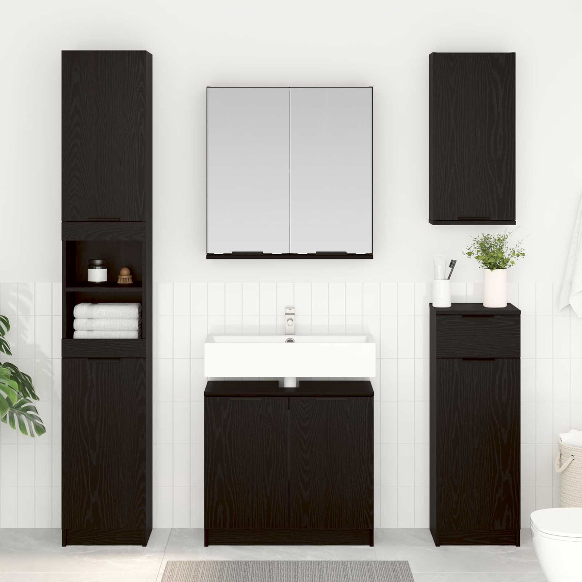 vidaXL Bathroom Furniture Set 4 pcs Black Oak Engineered Wood 4