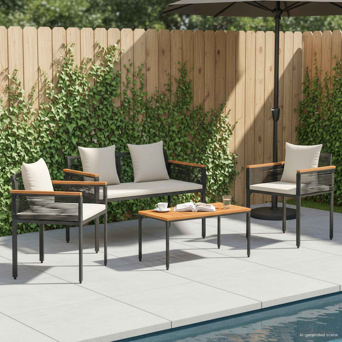 vidaXL Outdoor Furniture Set Black and Cream White Poly Rattan 1