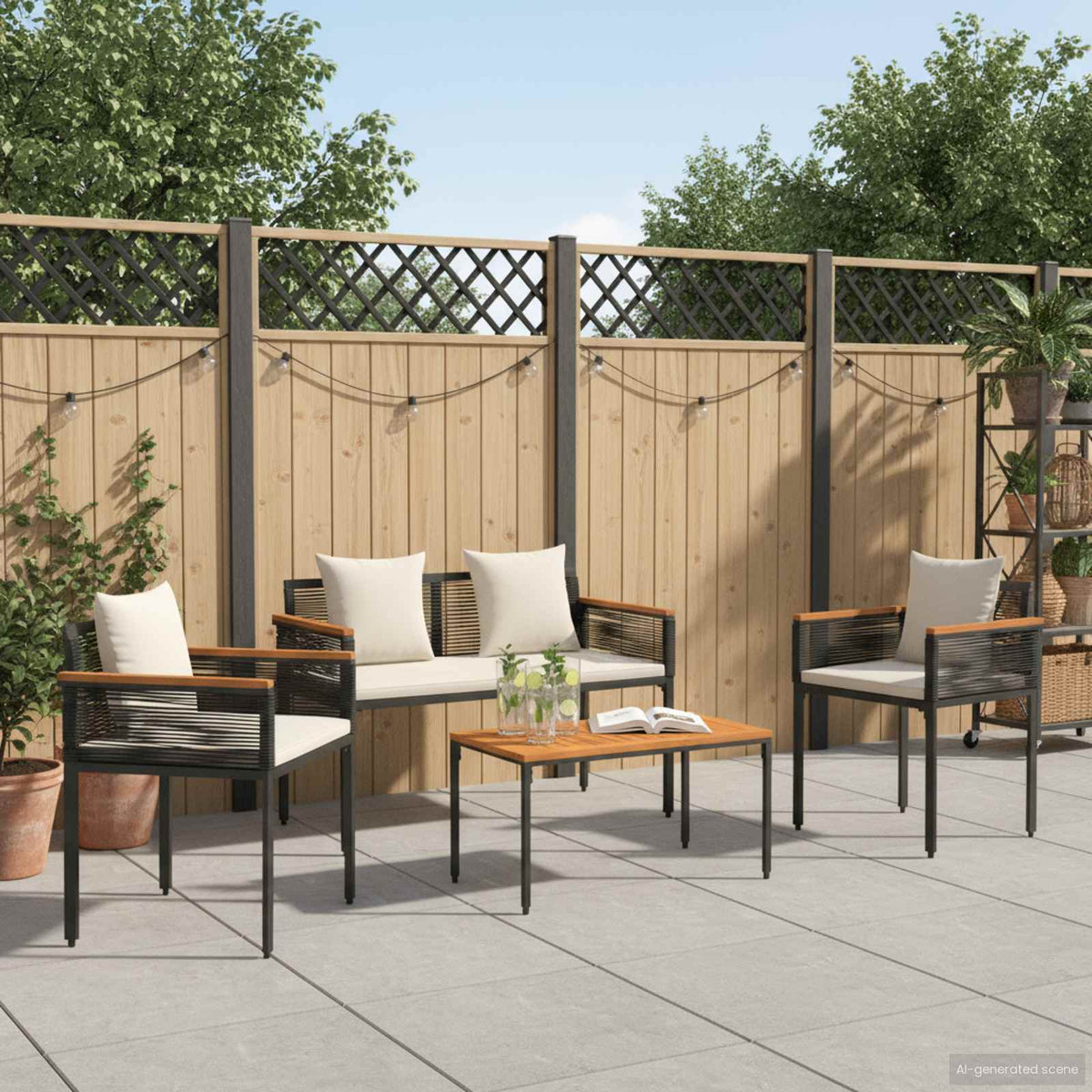 vidaXL Outdoor Furniture Set Black and Cream White Poly Rattan 4