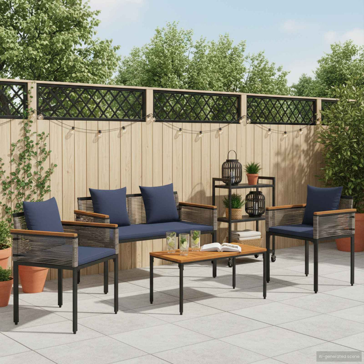 vidaXL Outdoor Furniture Set Grey and Navy Blue Poly Rattan 4