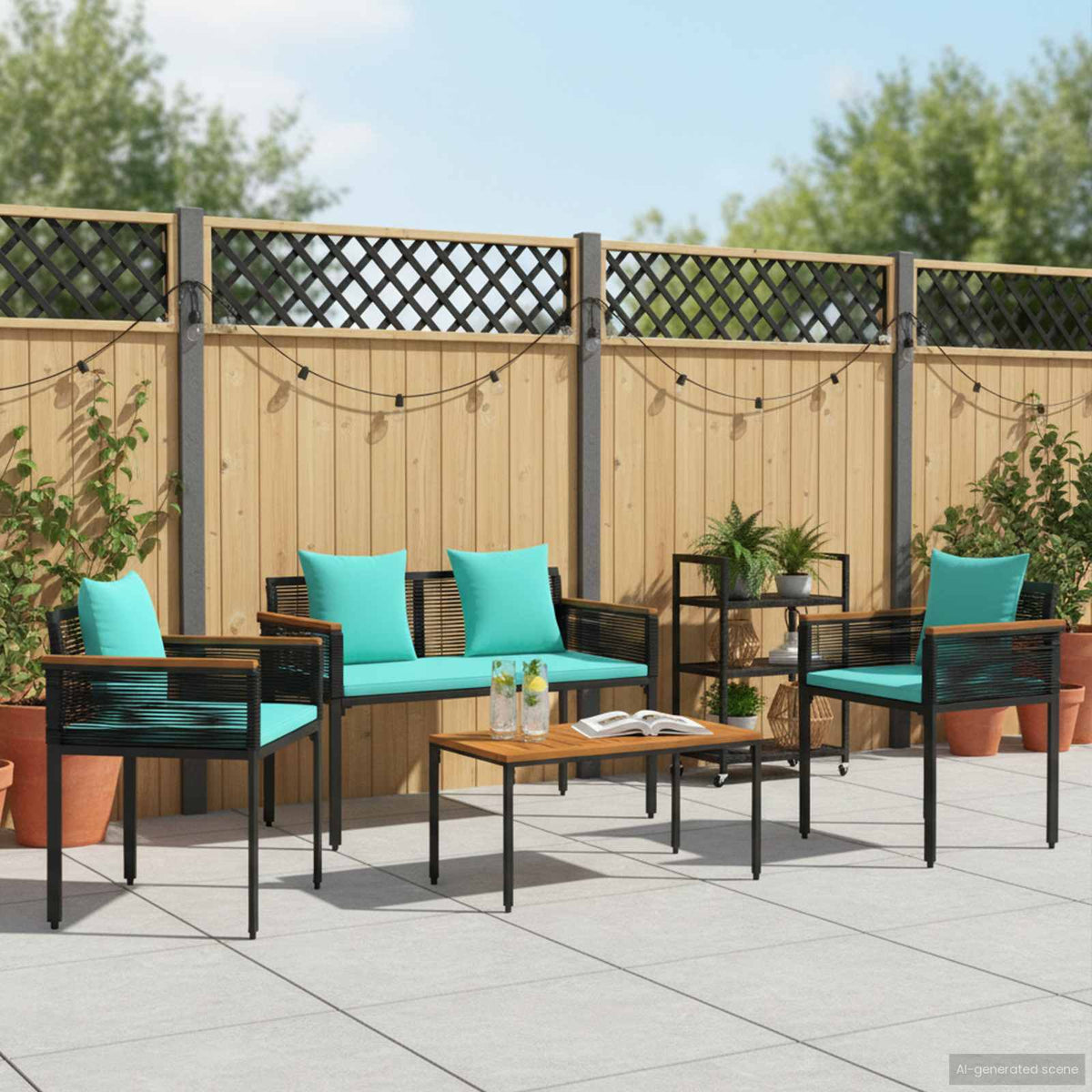 vidaXL Outdoor Furniture Set Black and Turquoise Poly Rattan 4