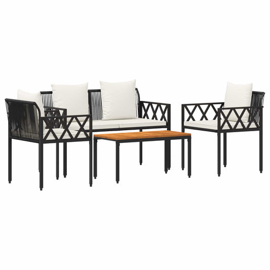 Outdoor Furniture Set 4 pcs Poly Rattan Black and cream white