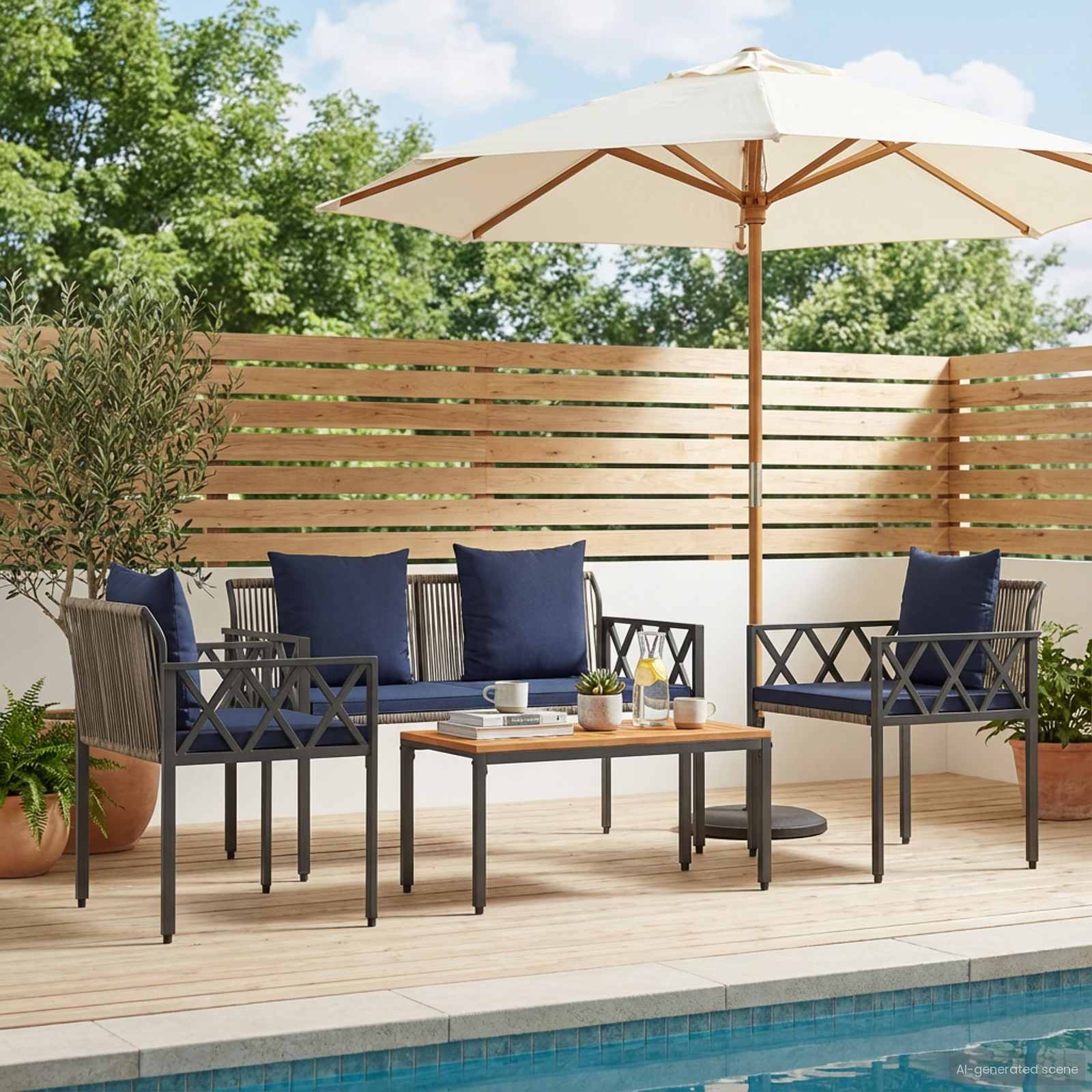 vidaXL Outdoor Furniture Set 4 pcs Grey and Navy Blue Poly Rattan 1