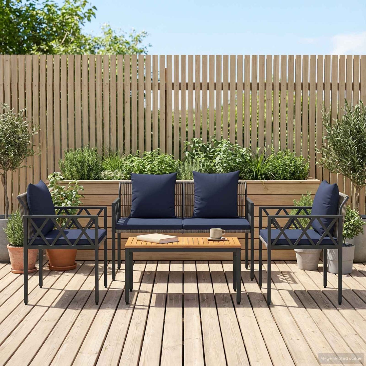 vidaXL Outdoor Furniture Set 4 pcs Grey and Navy Blue Poly Rattan 3
