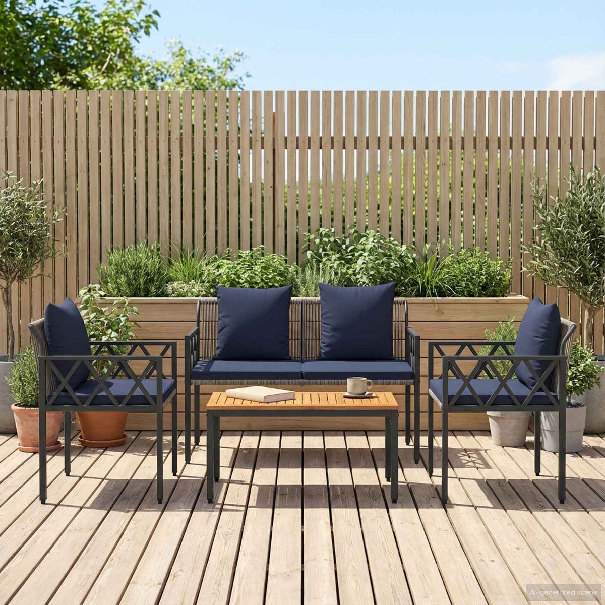 Outdoor Furniture Set 4 pcs Poly Rattan Grey and navy blue