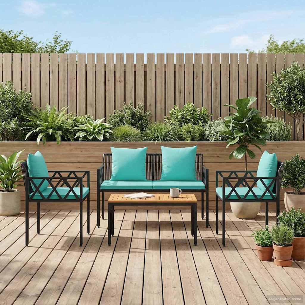 vidaXL Outdoor Furniture Set 4 pcs Black and Turquoise Poly Rattan 3