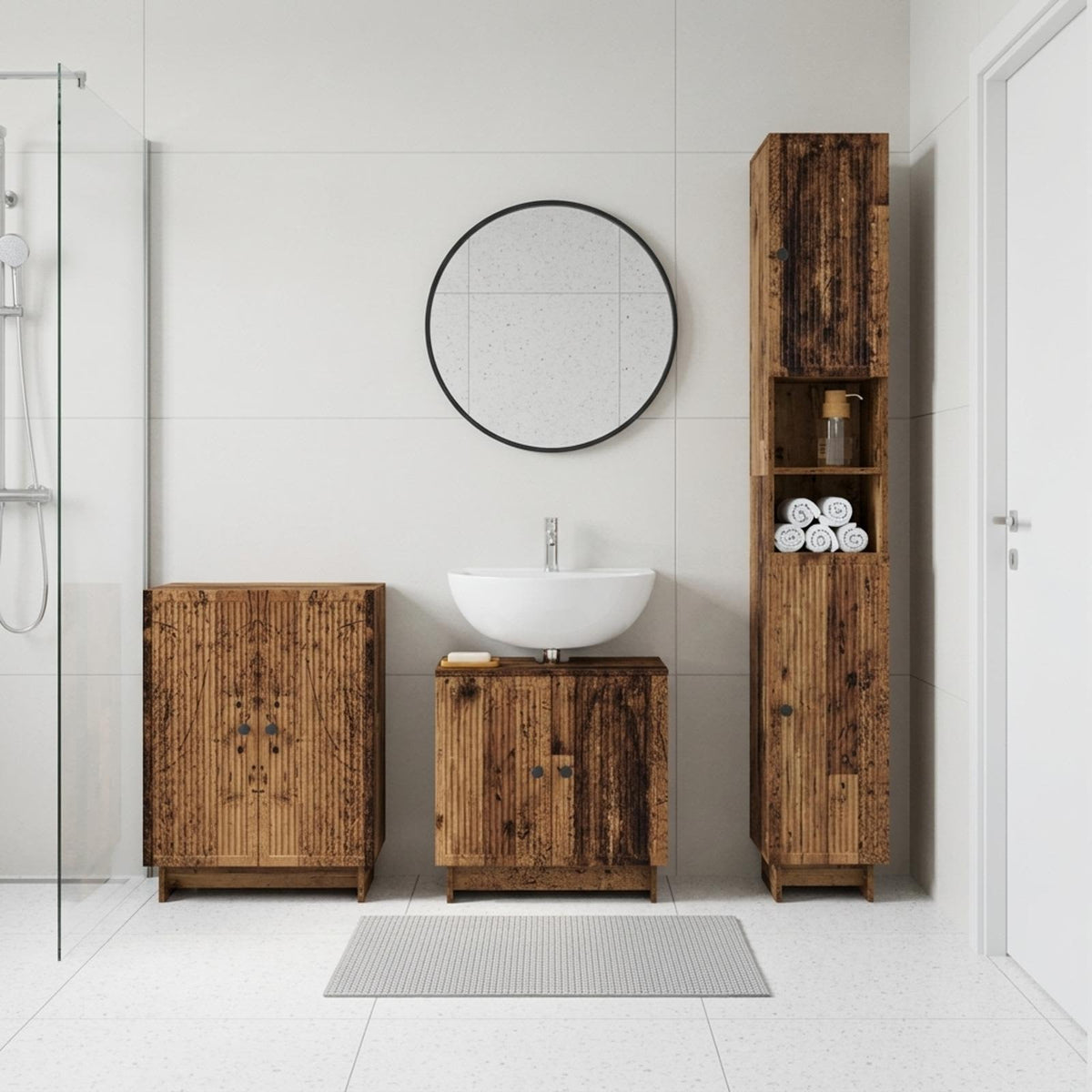 3 Piece Bathroom Cabinet Set EDE Engineered Wood Old Wood Vertical stripes
