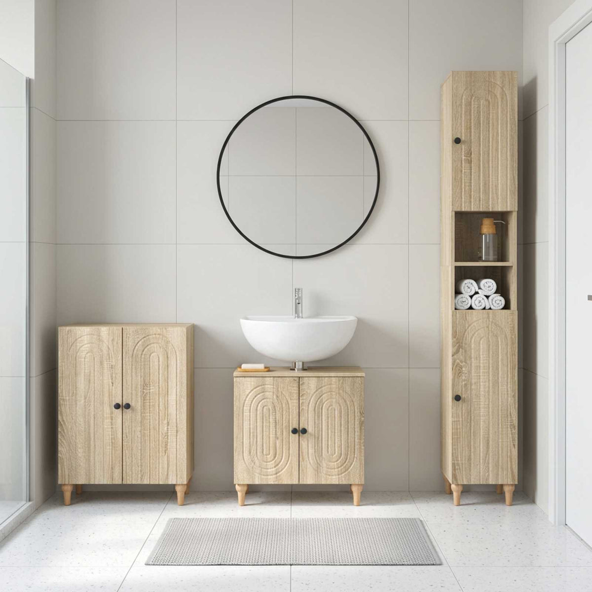 3 Piece Bathroom Cabinet Set EDE Engineered Wood Sonoma oak Round stripes