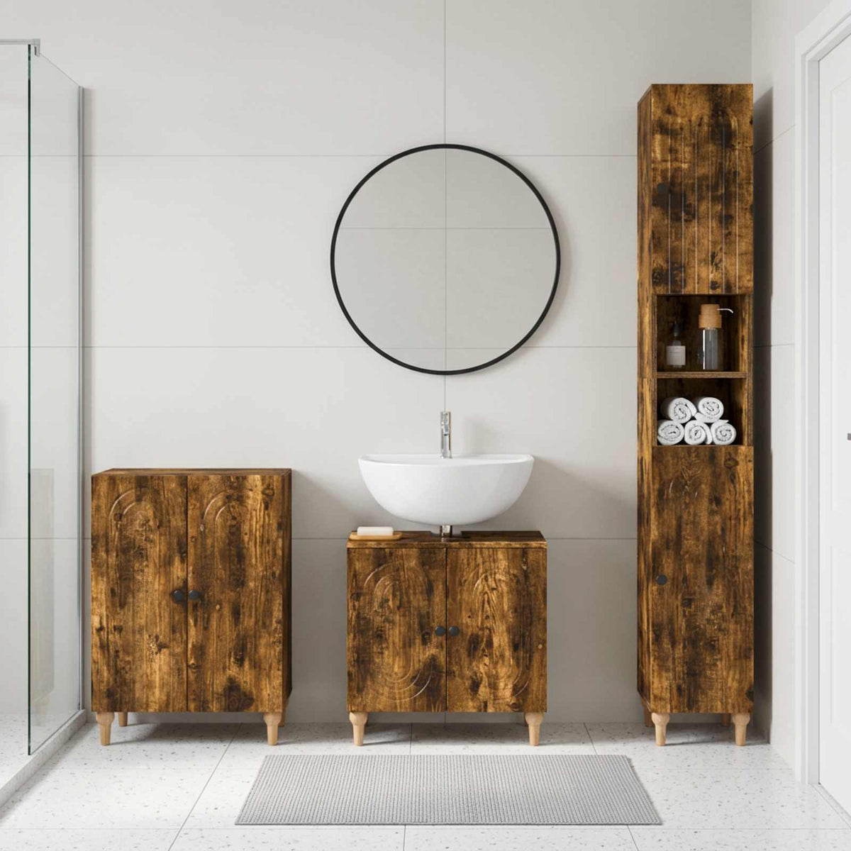 3 Piece Bathroom Cabinet Set EDE Engineered Wood Smoked Oak Round stripes