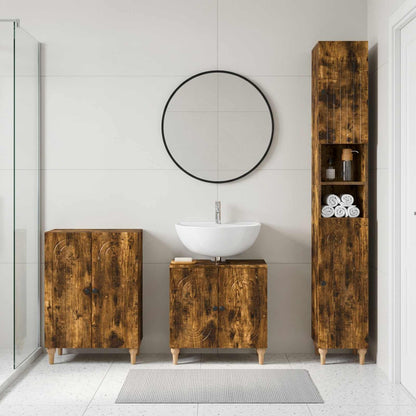 3 Piece Bathroom Cabinet Set EDE Engineered Wood Smoked Oak Round stripes