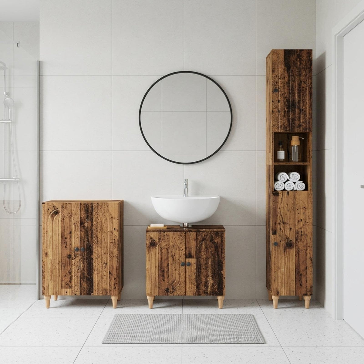 3 Piece Bathroom Cabinet Set EDE Engineered Wood Old Wood Round stripes