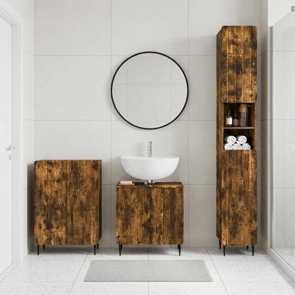 3 Piece Bathroom Cabinet Set EDE Engineered Wood Smoked Oak Round edge stripes