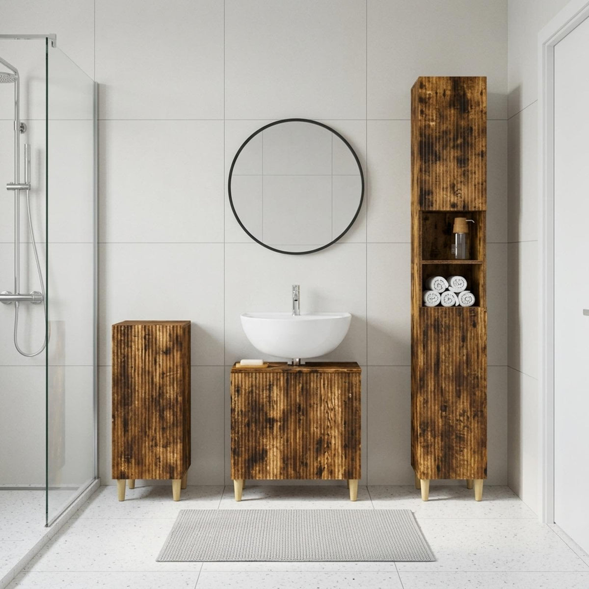 3 Piece Bathroom Cabinet Set EDE Engineered Wood Smoked Oak Full vertical stripes