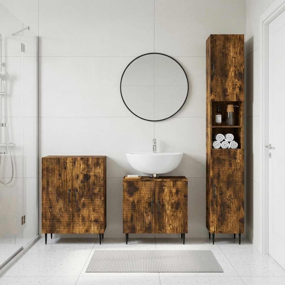 3 Piece Bathroom Cabinet Set EDE Engineered Wood Smoked Oak Two-way stripes