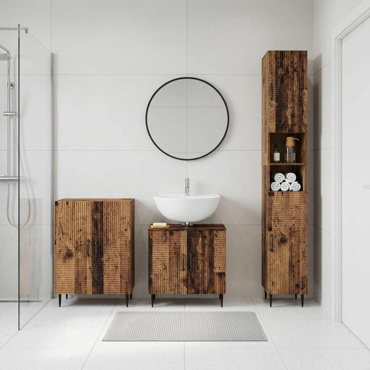 3 Piece Bathroom Cabinet Set EDE Engineered Wood Old Wood Two-way stripes