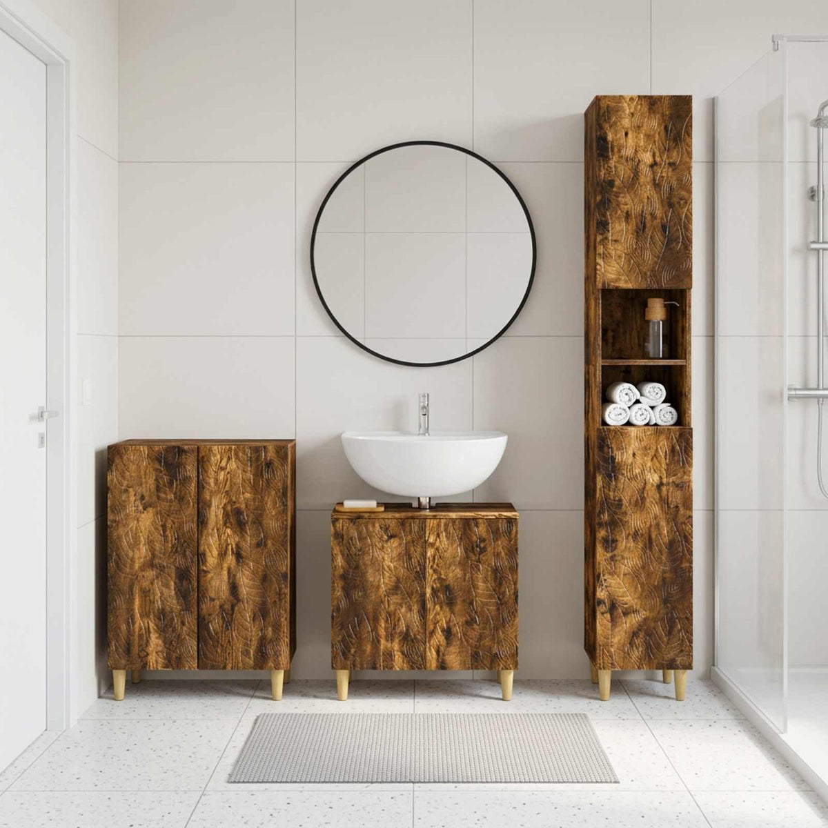 3 Piece Bathroom Cabinet Set EDE Engineered Wood Smoked Oak Leaf pattern