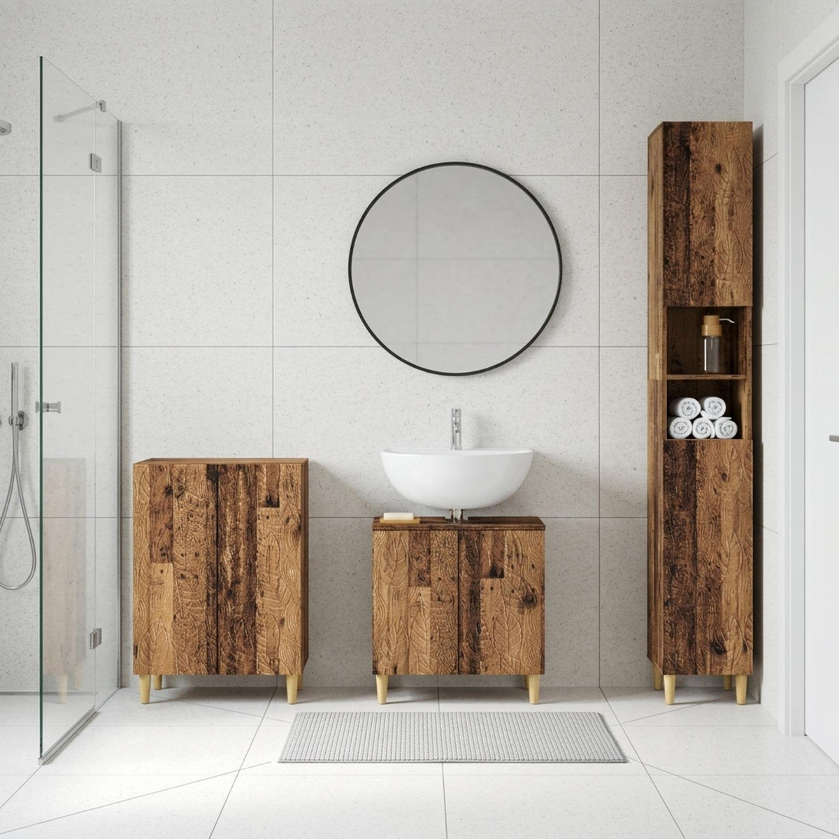 3 Piece Bathroom Cabinet Set EDE Engineered Wood Old Wood Leaf pattern