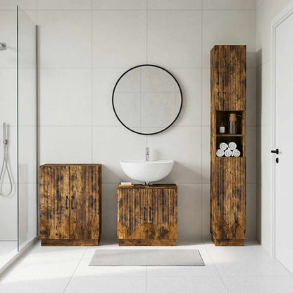 3 Piece Bathroom Cabinet Set EDE Engineered Wood Smoked Oak V-shape stripes
