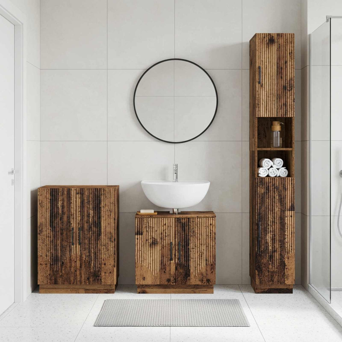 3 Piece Bathroom Cabinet Set EDE Engineered Wood Old Wood V-shape stripes
