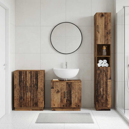 3 Piece Bathroom Cabinet Set EDE Engineered Wood Old Wood V-shape stripes