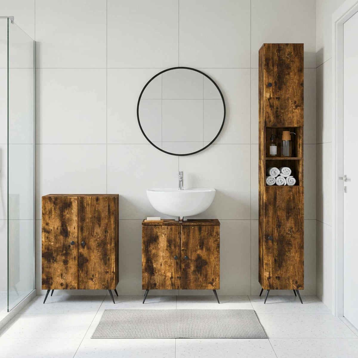 3 Piece Bathroom Cabinet Set EDE Engineered Wood Smoked Oak Round edge