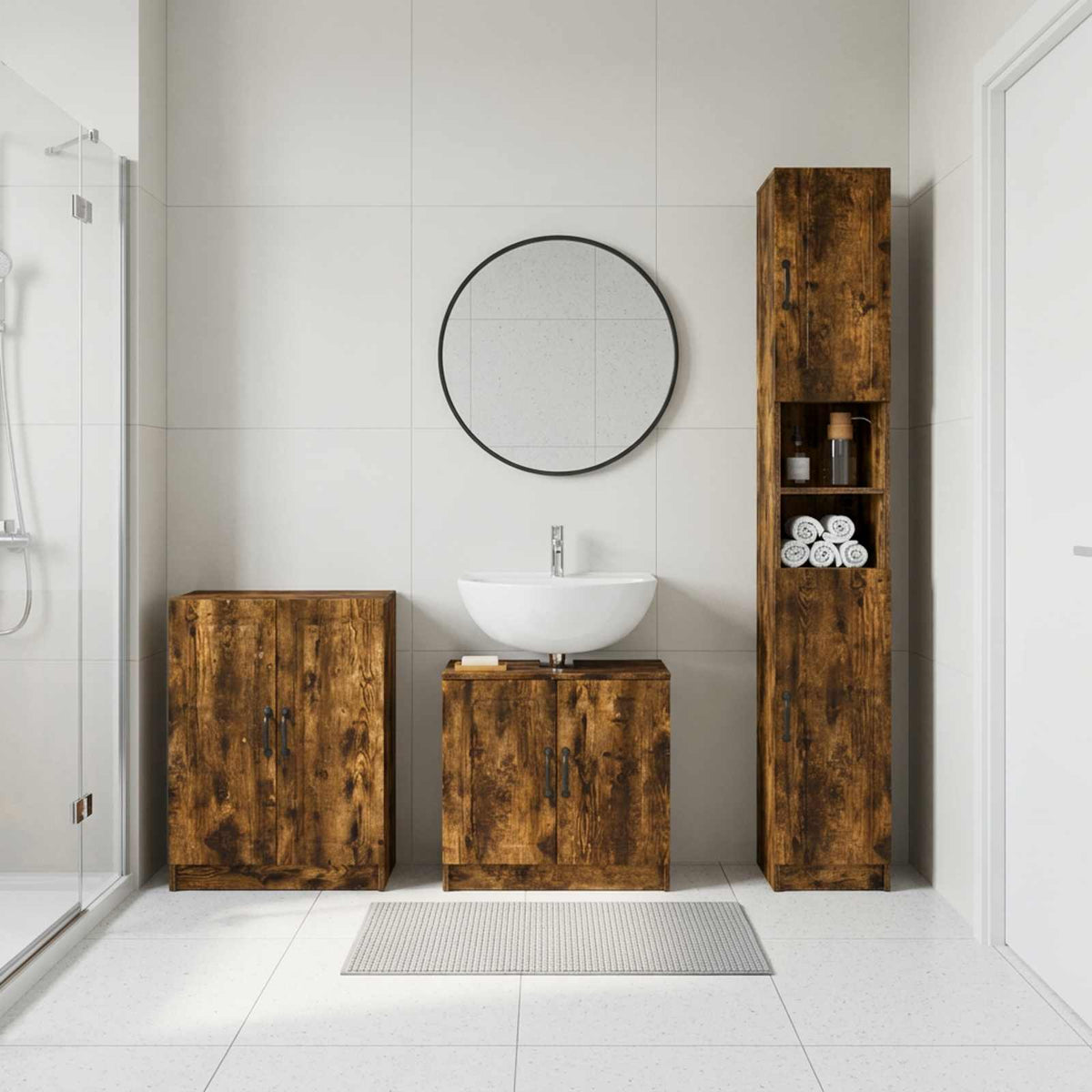 3 Piece Bathroom Cabinet Set EDE Engineered Wood Smoked Oak O-shape