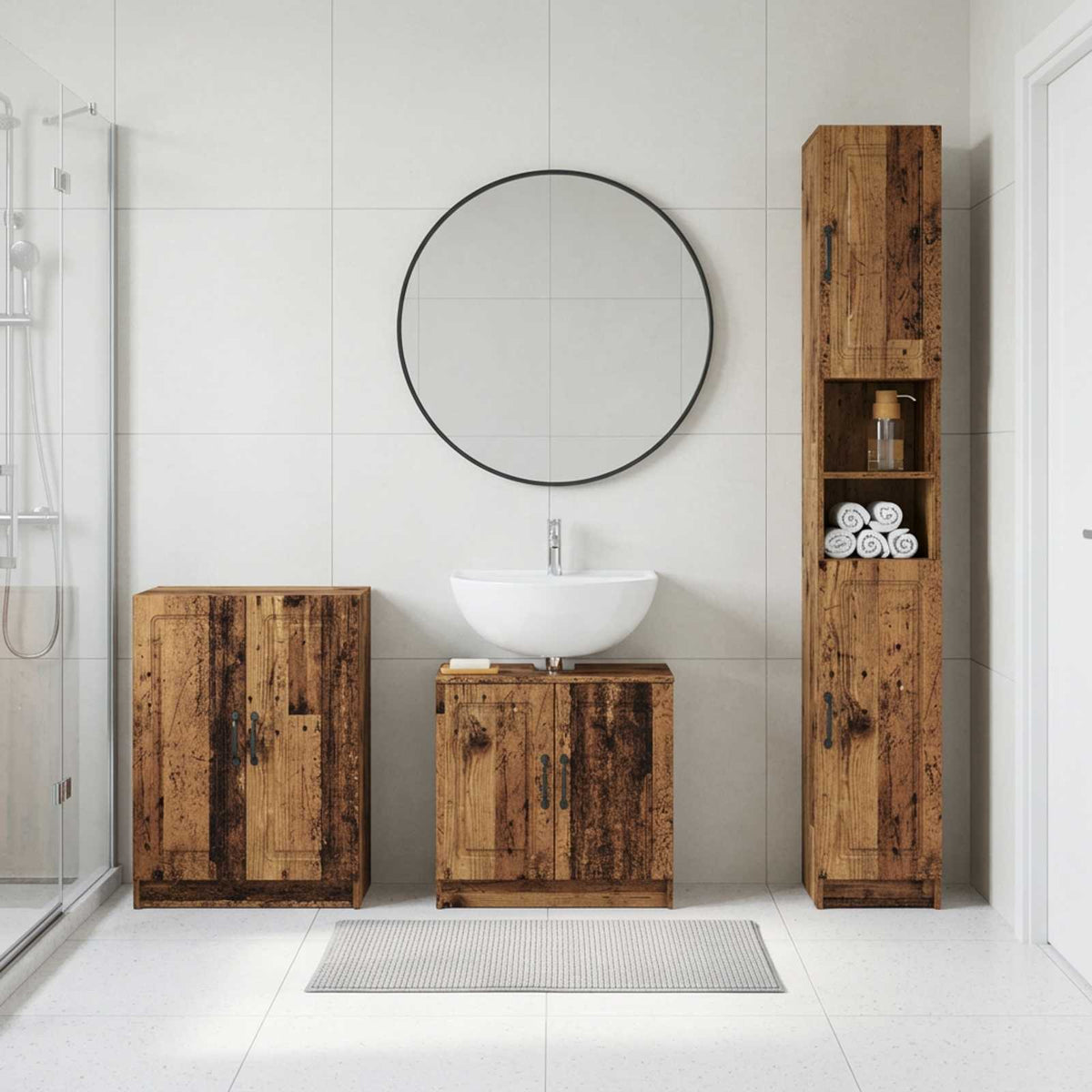 3 Piece Bathroom Cabinet Set EDE Engineered Wood Old Wood O-shape