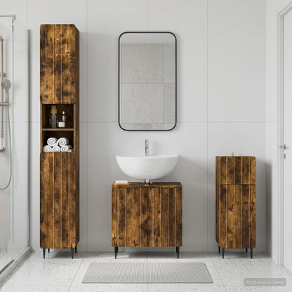 3 Piece Bathroom Cabinet Set EDE Engineered Wood Smoked Oak Round edge stripes