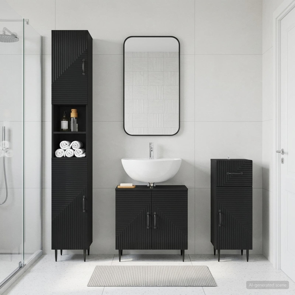3 Piece Bathroom Cabinet Set EDE Engineered Wood Black Two-way stripes