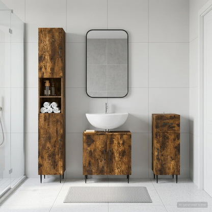 3 Piece Bathroom Cabinet Set EDE Engineered Wood Smoked Oak Two-way stripes