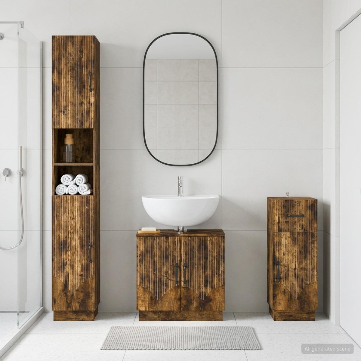 3 Piece Bathroom Cabinet Set EDE Engineered Wood Smoked Oak V-shape stripes
