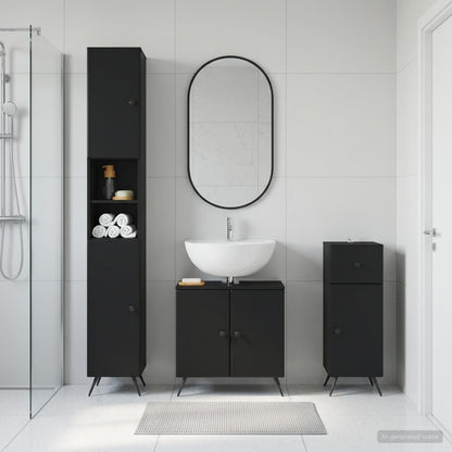 3 Piece Bathroom Cabinet Set EDE Engineered Wood Black Round edge