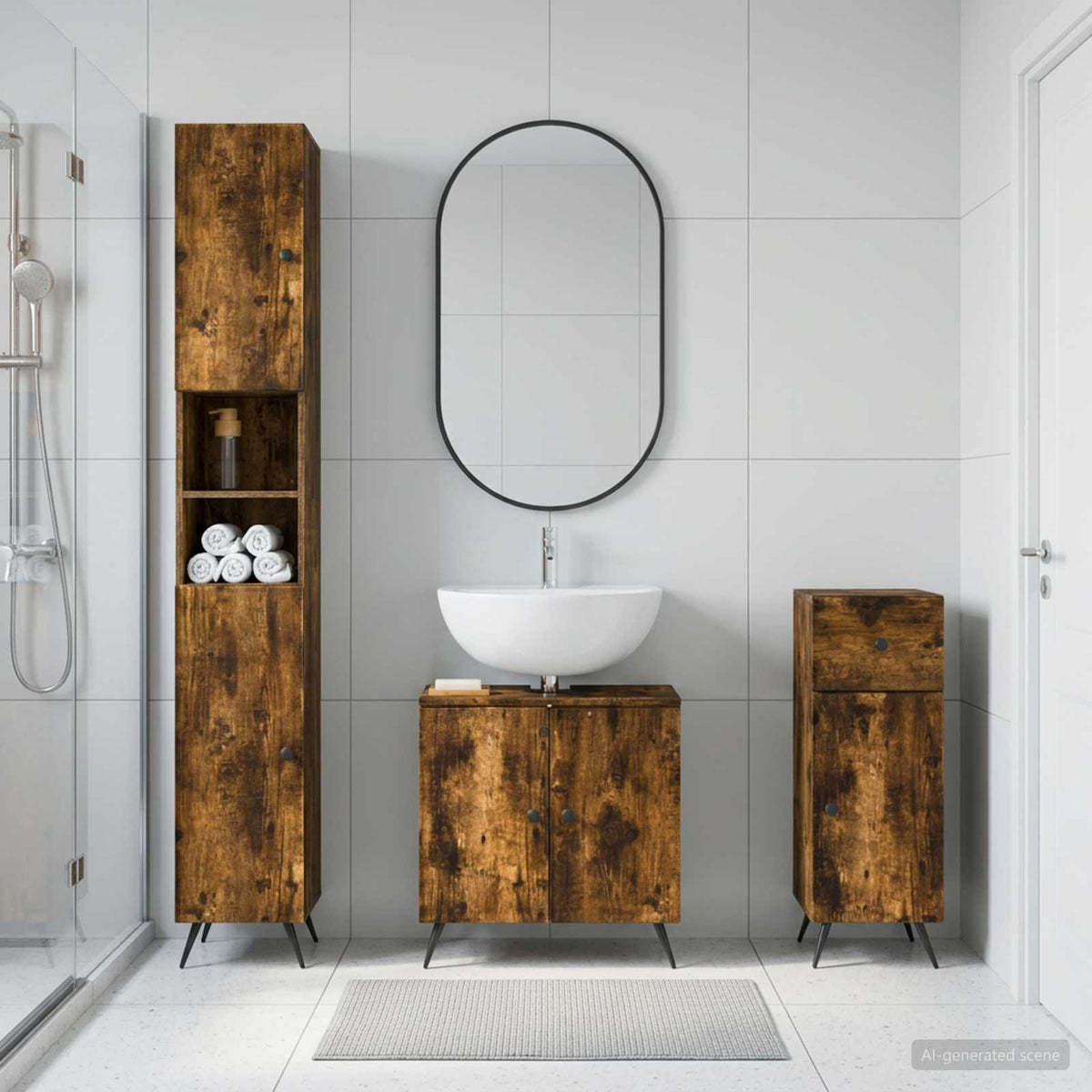 3 Piece Bathroom Cabinet Set EDE Engineered Wood Smoked Oak Round edge