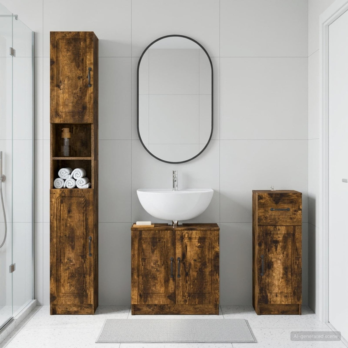 3 Piece Bathroom Cabinet Set EDE Engineered Wood Smoked Oak O-shape