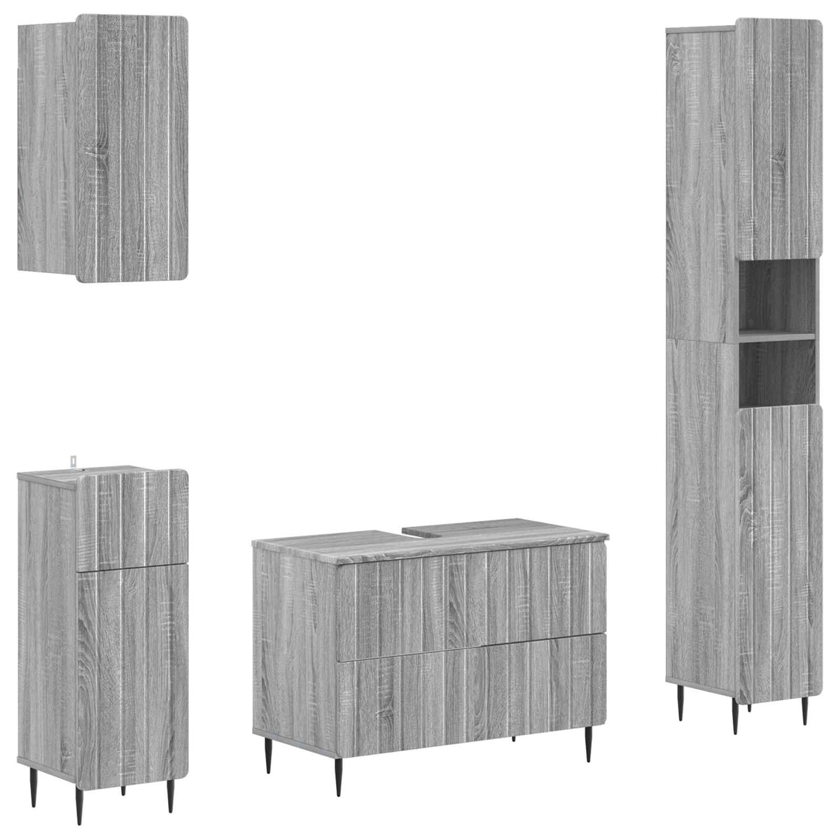 4 Piece Bathroom Cabinet Set ALKMAAR Grey sonoma Round edge stripes